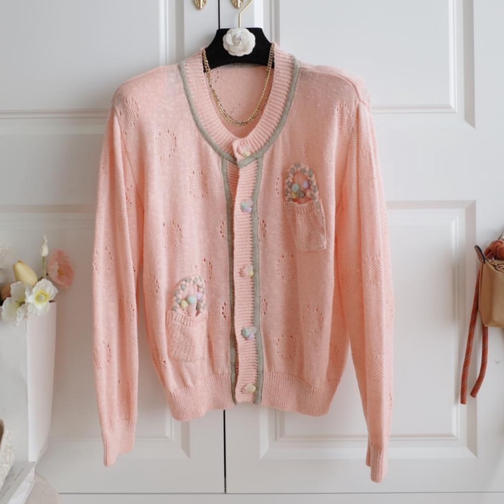 Elegant Peach Cardigan with Embroidered Pockets